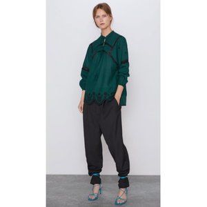 ZARA Green Embroidered Tie Neck Blouse